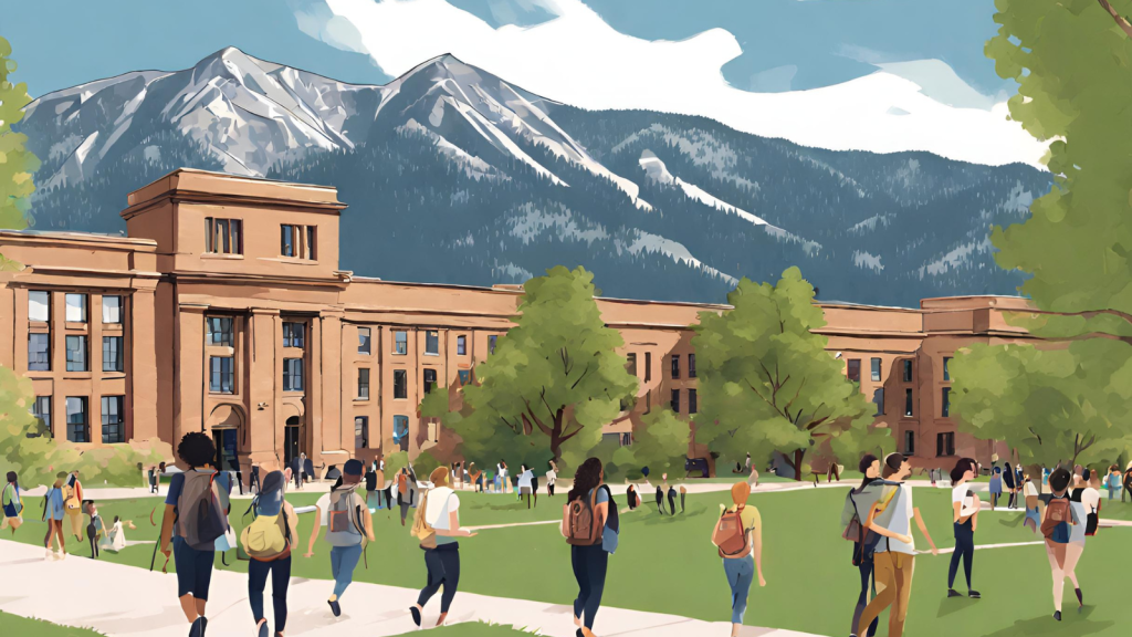 An aerial view illustration of the picturesque CU Boulder campus nestled against the majestic backdrop of the iconic Flatirons. The bustling campus atmosphere reflects a sense of community and academic pursuit, while hinting at the mental health services tailored to CU Boulder students.