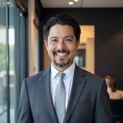 chris-perez-ceo-axis-integrated-mental-health-colorado Smiling man in a gray suit and light blue tie stands in a modern office lobby.